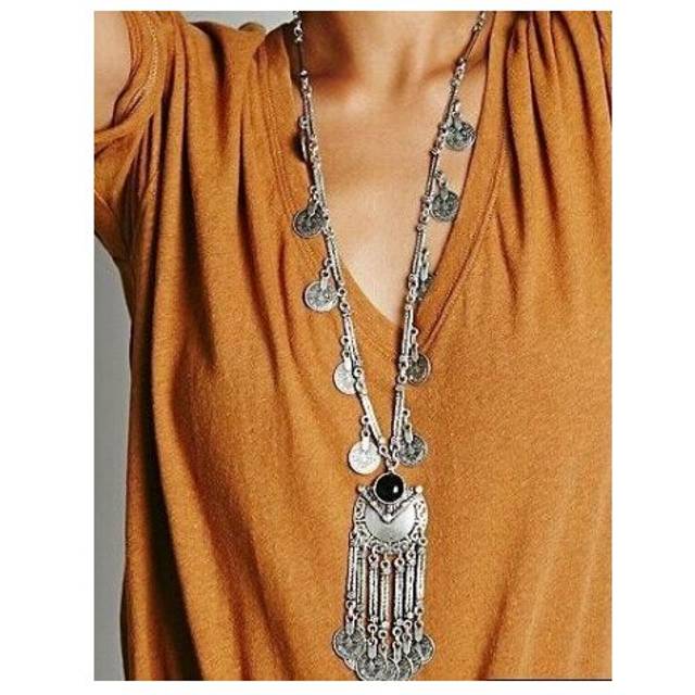 Turkey Bohemian Black Blue Stone Ethnic Coin tassel necklace Silver Turkish Gypsy Boho Beach Choker Bib India Necklace for Women - Multicoloured