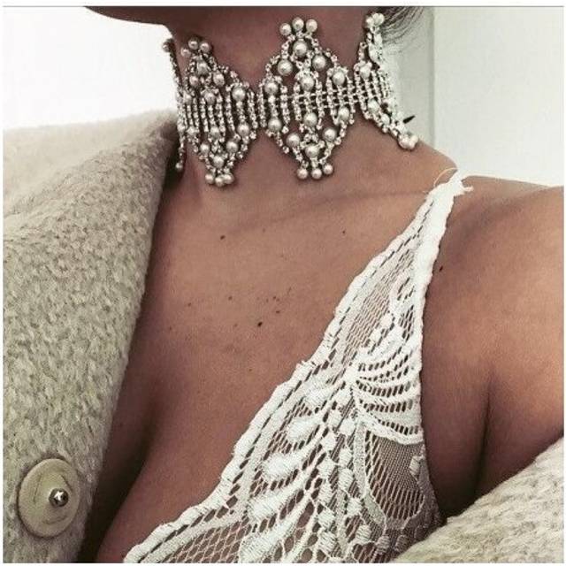 Boho Sexy Luxury Crystal Pearl Chokers Necklace&Pendant Collar Wedding Engagement Women Statement Necklace Choker Jewelry - Multicoloured