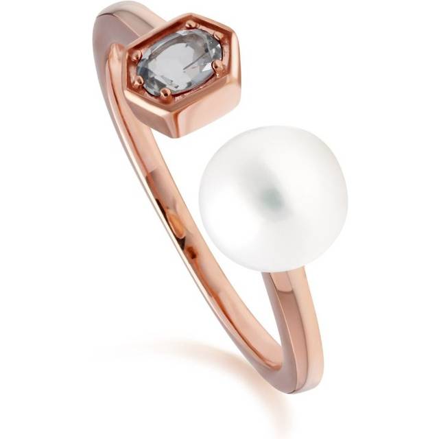 (L) Modern Pearl & Aquamarine Open Ring in Rose Gold Plated Sterling Silver - White