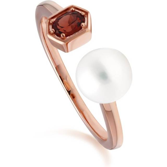 (L) Modern Pearl & Garnet Open Ring in Rose Gold Plated Sterling Silver - White