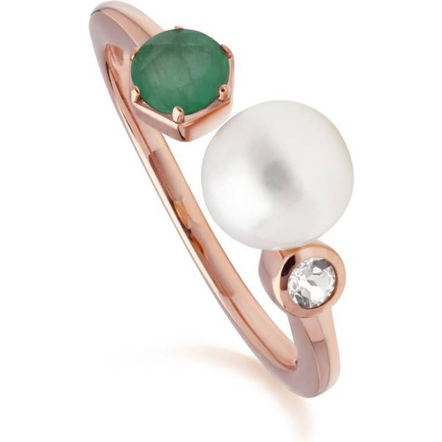 (P) Modern Pearl, Emerald & Topaz Open Ring in Rose Gold Plated Sterling Silver - White