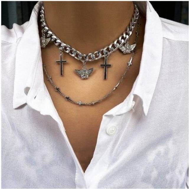 Multilayer Vintage Choker Necklace Europe and America Long Tassel Wings Jesus Cross Pendant Necklaces for Women Boho Style