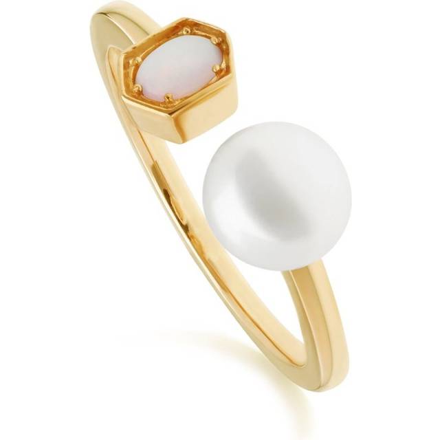 (L) Modern Pearl & Opal Open Ring in Gold Plated Sterling Silver