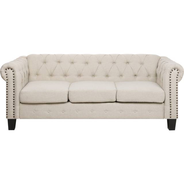 3 Seater Fabric Sofa Nailhead Trim Beige CHESTERFIELD