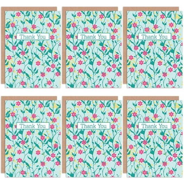 Thank You Cards Vintage Flowers Floral Pink Green Set Greeting Cards With Envelopes Pack of 6 - Light Blue - One Size