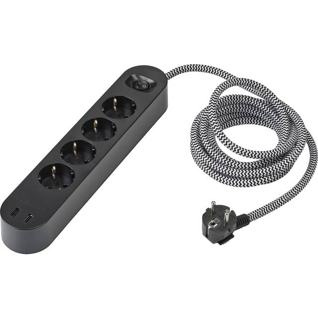 KOPPLA grenuttag m 4 hål och 2 USB-portar, svart/vit/textil, 3.0 m