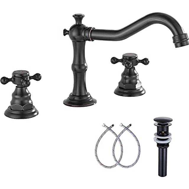 ggStudy Two Handles Three Holes Faucet 8-16 inch Widespread Bathroom Sink Faucet Oil Rubbed Bronze Basin Tap Mixer Supply Hose Included Matching Metal