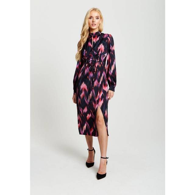 Womens Abstract Ikat Print Midi Lace Up Dress In Black And Pink - 16