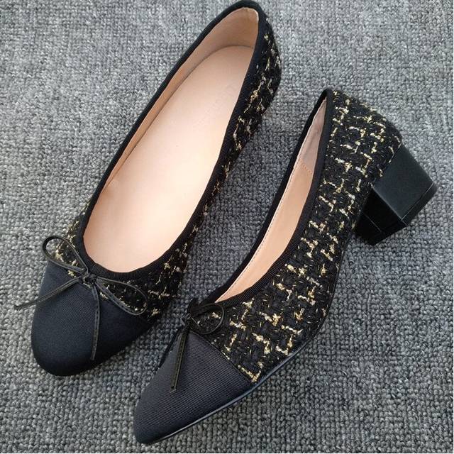 (a-black 33 39) Bow Ballet High Heels Shoes Woman Basic Pumps 2023 Fashion Two Tone Stitching Round Bow Work Shoe Fashion Party Women Shoes Pump