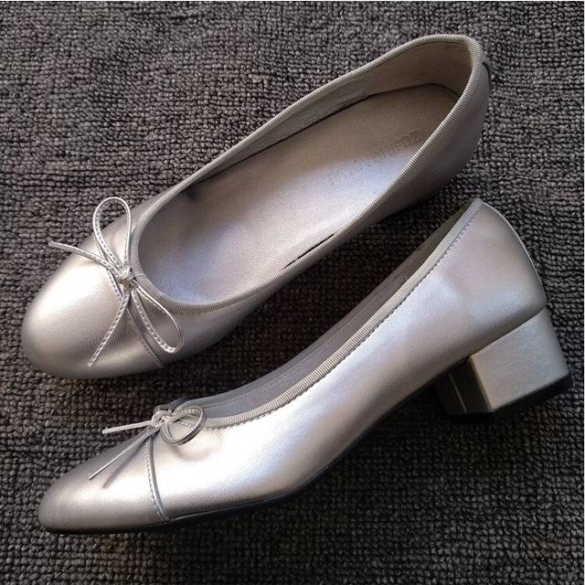 (a-Silver 35) Bow Ballet High Heels Shoes Woman Basic Pumps 2023 Fashion Two Tone Stitching Round Bow Work Shoe Fashion Party Women Shoes Pump
