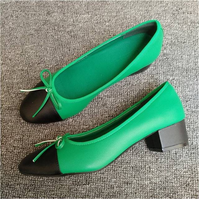 (a-green black 41) Bow Ballet High Heels Shoes Woman Basic Pumps 2023 Fashion Two Tone Stitching Round Bow Work Shoe Fashion Party Women Shoes Pump