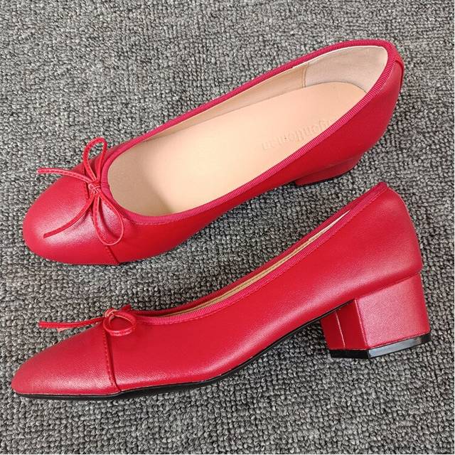 (a-red 39) Bow Ballet High Heels Shoes Woman Basic Pumps 2023 Fashion Two Tone Stitching Round Bow Work Shoe Fashion Party Women Shoes Pump