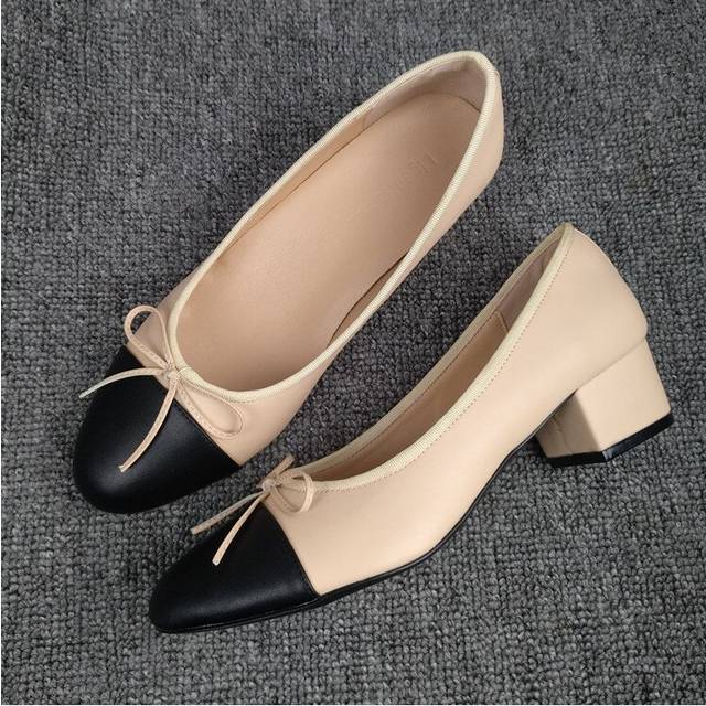 (a-Apricot black 34) Bow Ballet High Heels Shoes Woman Basic Pumps 2023 Fashion Two Tone Stitching Round Bow Work Shoe Fashion Party Women Shoes Pump