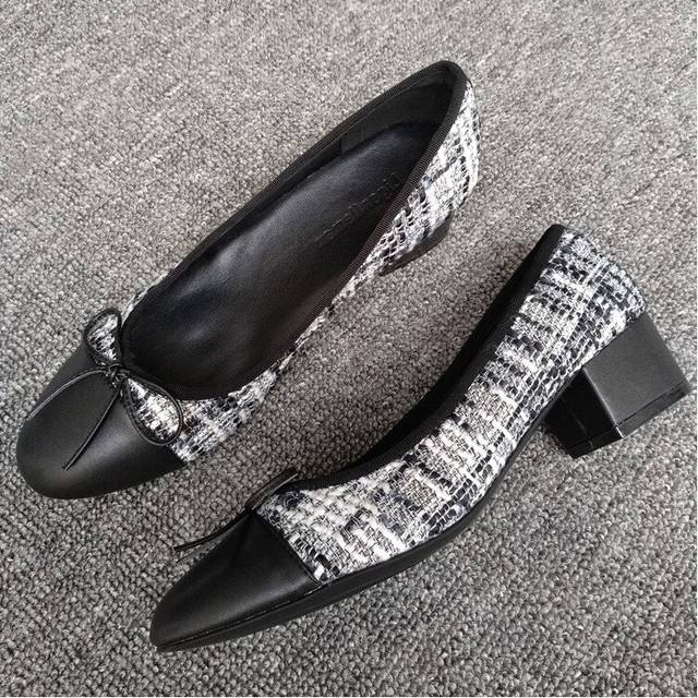 (a-black 786 40) Bow Ballet High Heels Shoes Woman Basic Pumps 2023 Fashion Two Tone Stitching Round Bow Work Shoe Fashion Party Women Shoes Pump