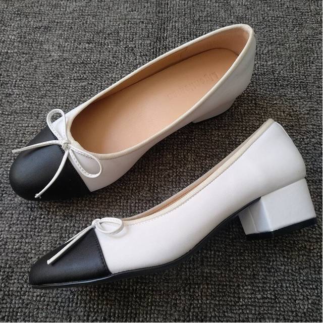 (a-black white 34) Bow Ballet High Heels Shoes Woman Basic Pumps 2023 Fashion Two Tone Stitching Round Bow Work Shoe Fashion Party Women Shoes Pump