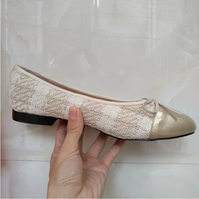 (a-Apricot gold 41) Shoes Woman Basic Pumps 2023 Two Color Splicing Classic Bow Ballet Work Shoe Large Size Tweed Low Heels Fashion Women Shoes Pump