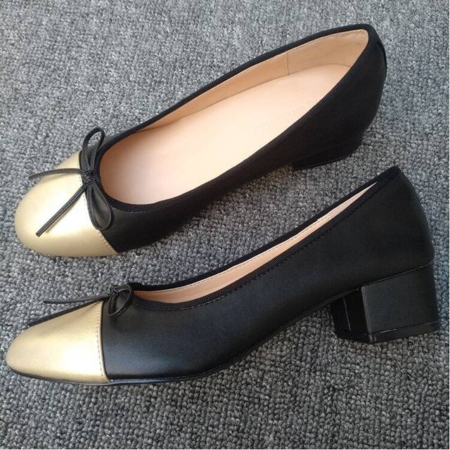 (a-black golden 36) Bow Ballet High Heels Shoes Woman Basic Pumps 2023 Fashion Two Tone Stitching Round Bow Work Shoe Fashion Party Women Shoes Pump