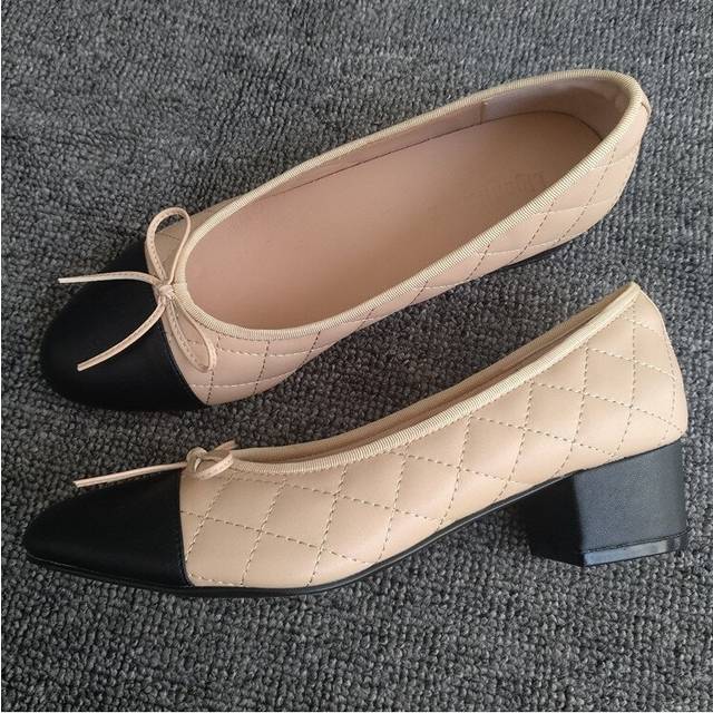 (a-Apricot black 656 34) Bow Ballet High Heels Shoes Woman Basic Pumps 2023 Fashion Two Tone Stitching Round Bow Work Shoe Fashion Party Women Shoes P