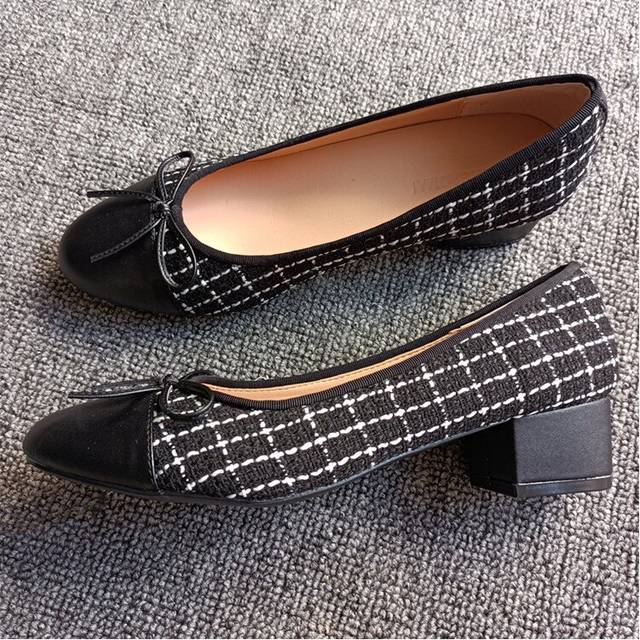 (a-black 55 34) Bow Ballet High Heels Shoes Woman Basic Pumps 2023 Fashion Two Tone Stitching Round Bow Work Shoe Fashion Party Women Shoes Pump
