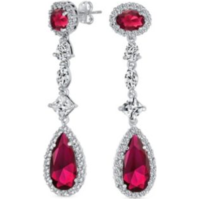 Artificial Ruby CZ Silver Plated Brass Teardrop Red Chandelier Lever Back Earrings [Bling Jewelry] Women's