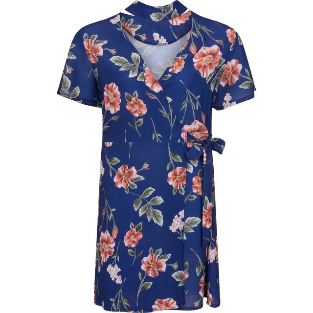Girls On Film Curvy Womens/Ladies Navy Rose Print Wrap Dress