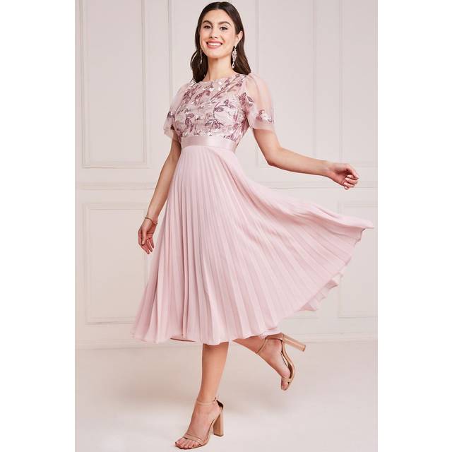 Goddiva Embroidered Top Chiffon Pleated Midi - Blush Pink - 16