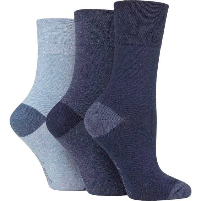 Women's 3 Pair Gentle Grip Cotton Patterned and Striped Socks Contrast Heel and Toe Navy / Denim 4-8 Ladies - Blue