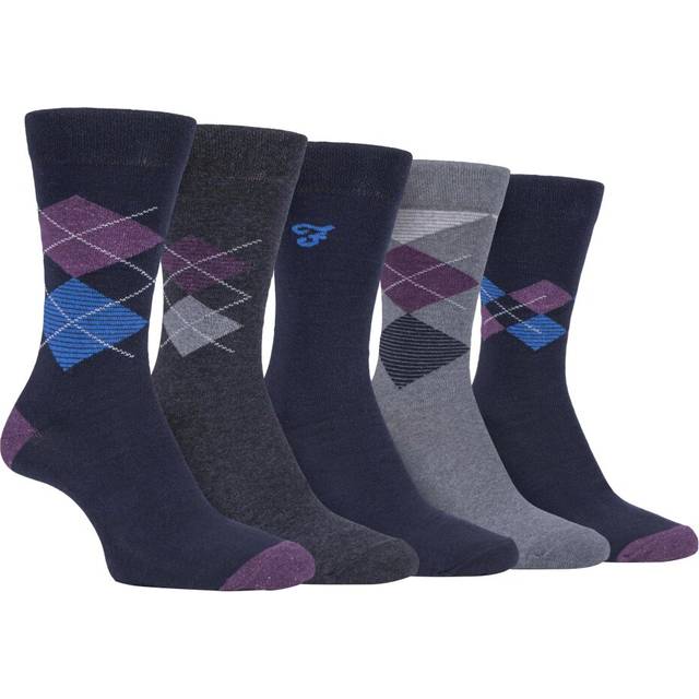 (6-11 UK, Navy Purple (Argyle)) FARAH - 5 Pack Mens Classic Patterned Office Cotton Dress Socks