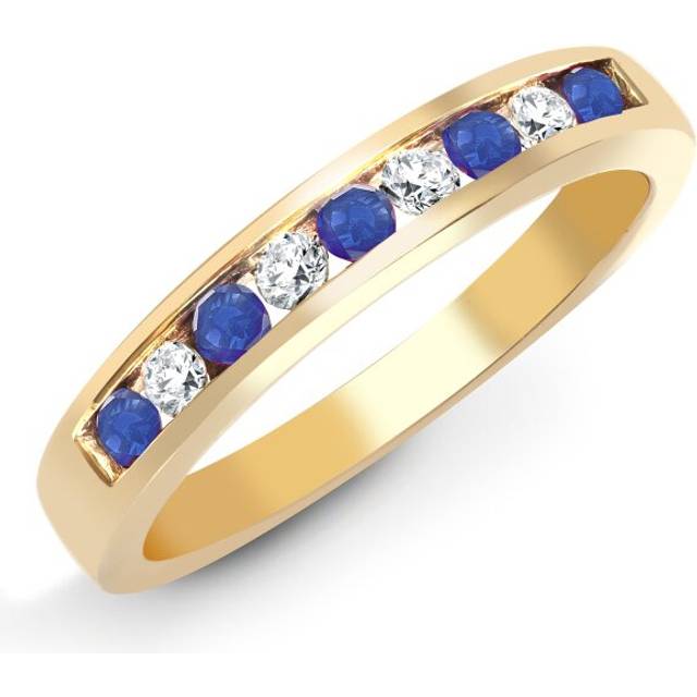 (L) Jewelco London 9ct Yellow Gold Channel Set H I1 0.14ct Diamond and Blue 0.26ct Sapphire Dainty Band Eternity Ring 3.5mm