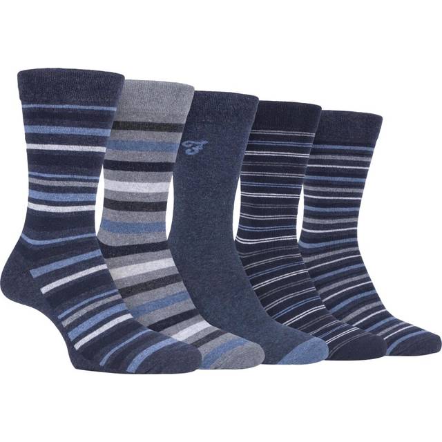 (6-11 UK, Denim Blue (Striped)) FARAH - 5 Pack Mens Classic Patterned Office Cotton Dress Socks