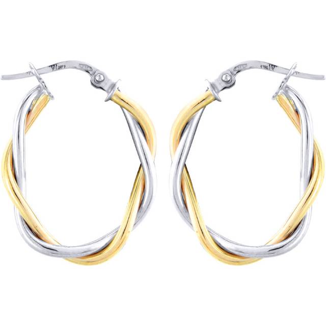 Jewelco London Ladies 9ct White Yellow Gold Oval Weave Twist Hoop Earrings - 25x20mm - ERNR02754 - Multicoloured