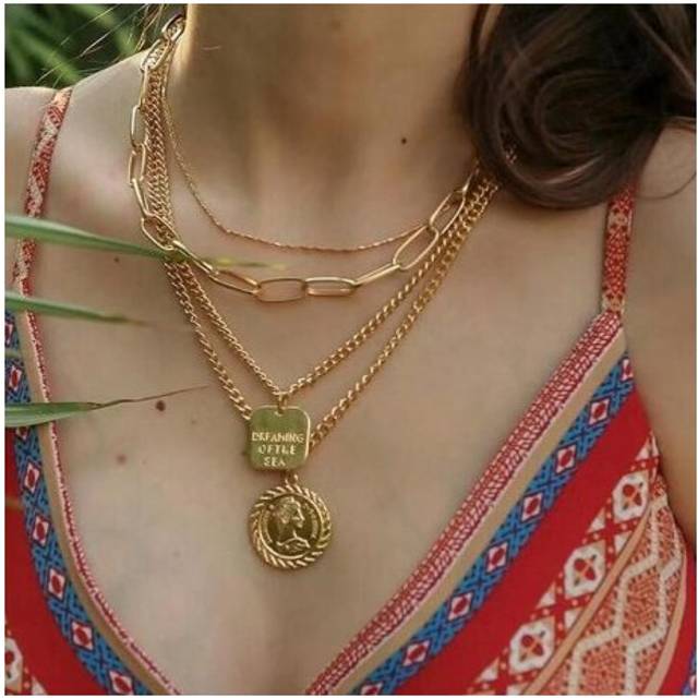 Lalynnlys Boho Multi Layers Coin Pendant Necklace for Women Simple Portrait Round Square Charm Necklaces Jewelry Gifts N68181