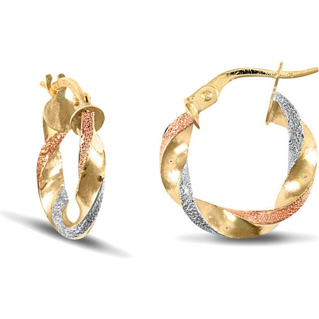 Jewelco London Ladies 9ct Yellow White and Rose Gold Frosted Twisted 3mm Hoop Earrings 16mm - JER662A