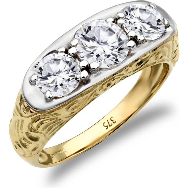 (Z) Jewelco London Men's 9ct Yellow and White Gold White Round Cubic Zirconia 3 Stone Trilogy Carved Gypsy Ring - JRN198