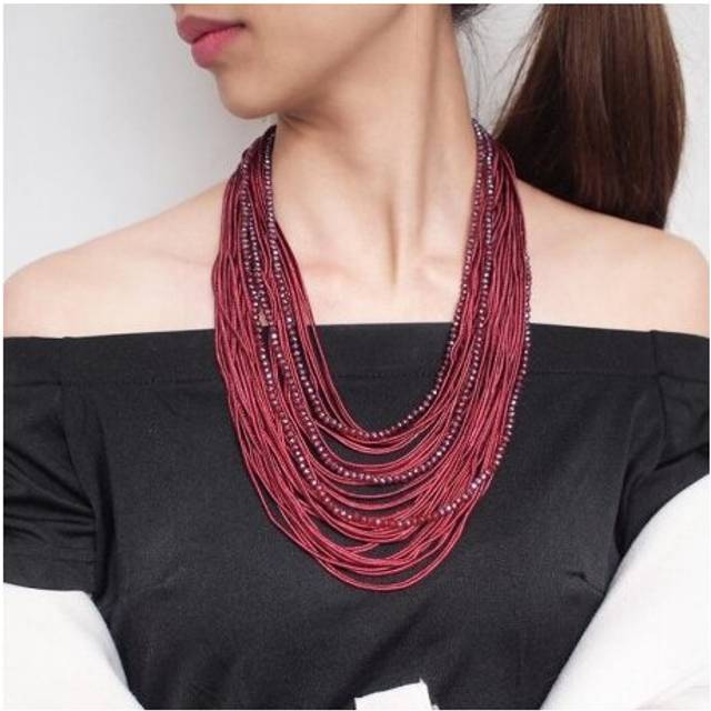 MANILAI Long Multi layers Statement Necklace For Women 2019 Boho Ribbon Crystal Beaded Necklaces Pendants Girl Fashion Jewelry - Multicoloured