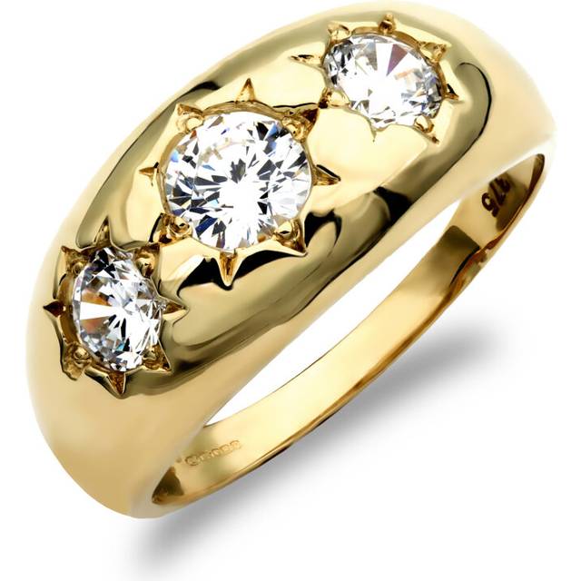 (R) Jewelco London Men&#39;s Solid 9ct Yellow Gold White Round Brilliant Cubic Zirconia Star Set 3 Stone Trilogy Gypsy Ring