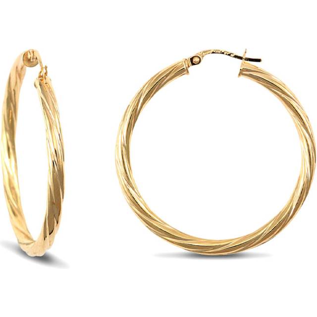 Jewelco London Ladies 9ct Yellow Gold Twisted 3mm Hoop Earrings 35mm - JER198
