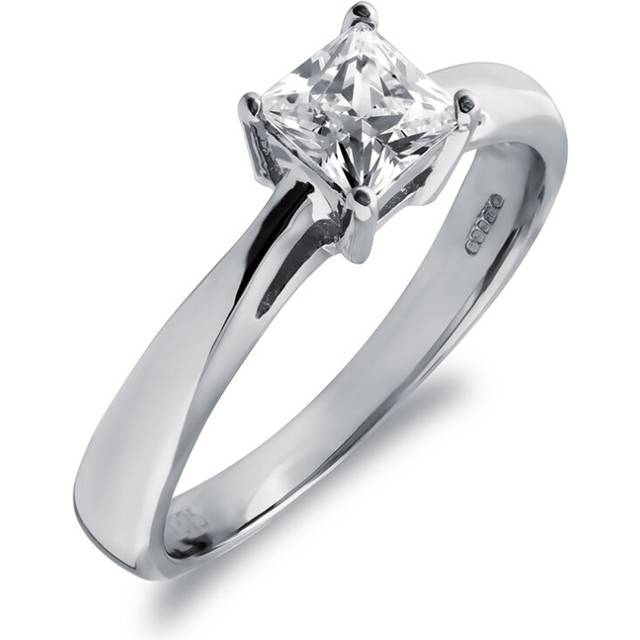 (N) Jewelco London Ladies Solid 9ct White Gold White Princess Cut Cubic Zirconia Solitaire Engagement Ring - Silver