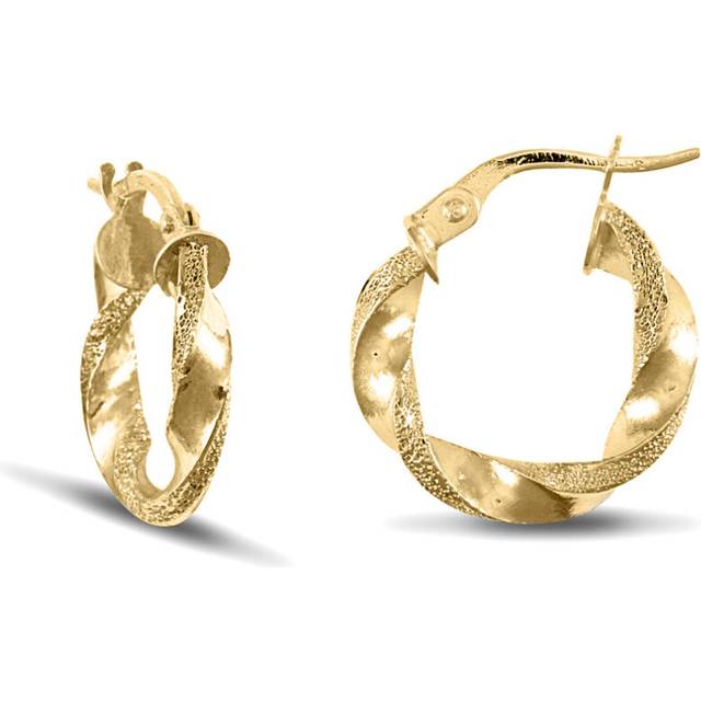 Jewelco London Ladies 9ct Yellow Gold Frosted Edge Twisted 3mm Hoop Earrings 17mm - JER678A