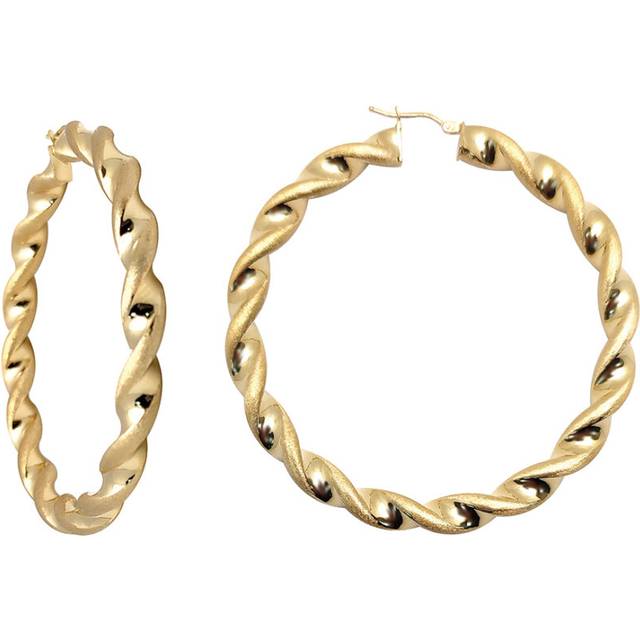 Jewelco London Ladies 9ct Yellow Gold Frosted Satin Chunky Twist 6mm Hoop Earrings 60mm - JER769B
