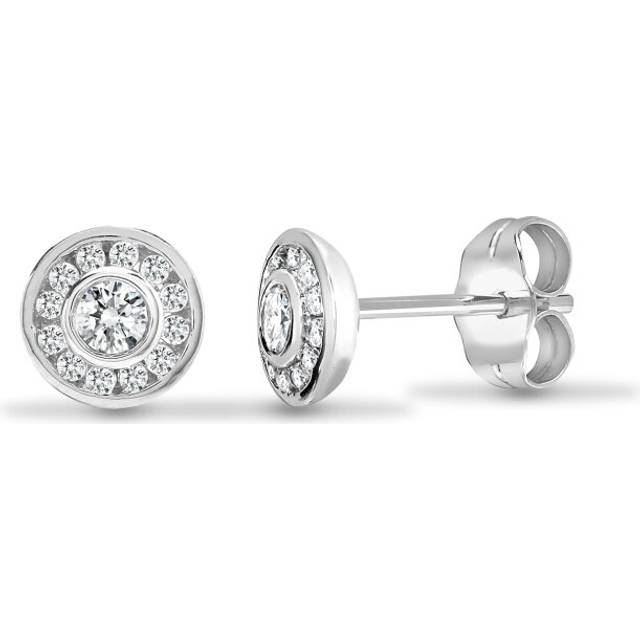 Jewelco London Solid 18ct White Gold Rub Over Set Round G SI 0.35ct Diamond Halo Cluster Stud Earrings 7mm - 18E429 - Silver