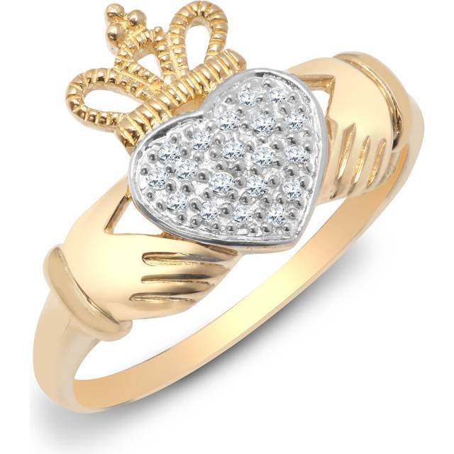 (Q) Jewelco London Ladies 9ct Yellow Gold Pave Set Round H I2 0.1ct Diamond Claddagh fÃ¡inne Chladaigh Cocktail Ring 13mm