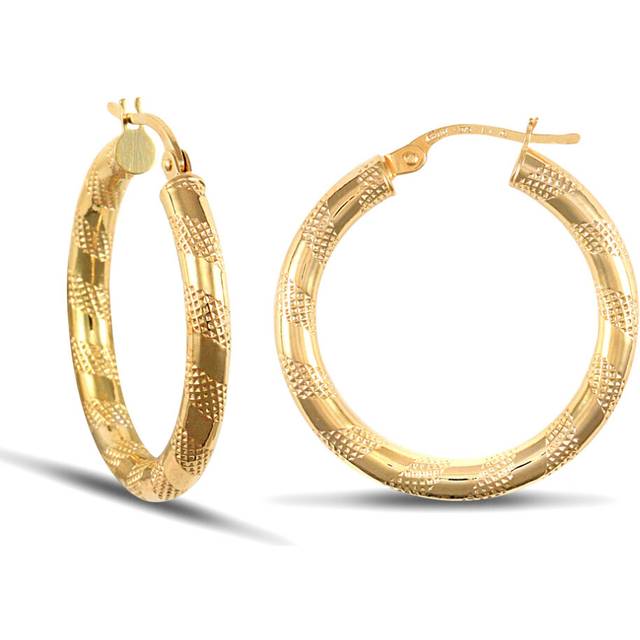 Jewelco London Ladies 9ct Yellow Gold Textured Striped 3mm Hoop Earrings 25mm - JER042A