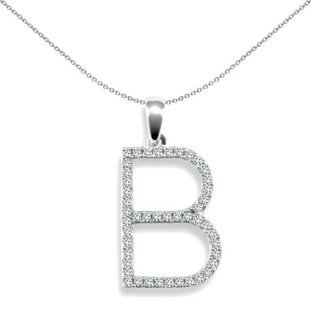 Jewelco London Ladies Solid 9ct White Gold Pave Set Round G SI 0.23ct Diamond Elegant Block Initial ID Charm Pendant - 9P105-B