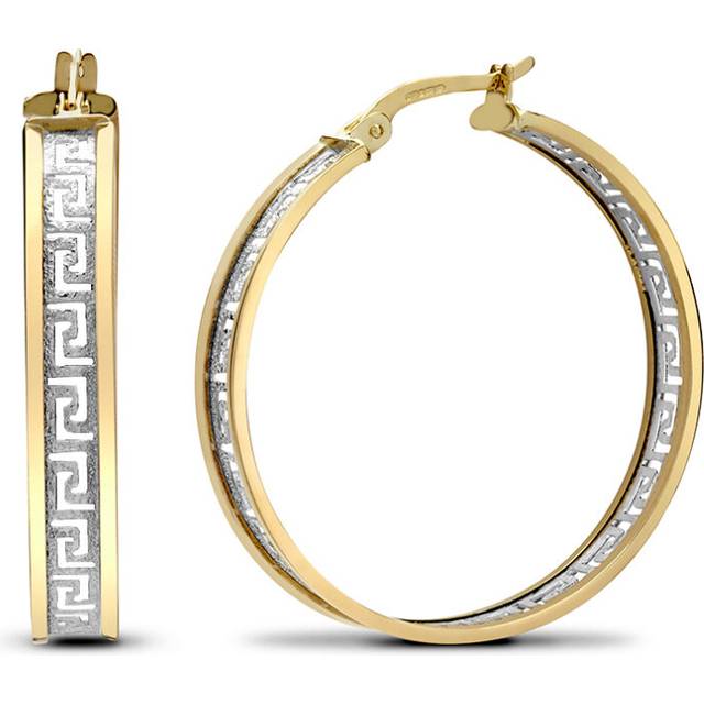 Jewelco London Ladies 9ct Yellow and White Gold Frosted Meander Greek Key Hoop Earrings 30mm - JER783B - Multicoloured