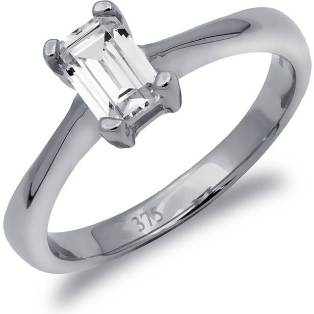 (N) Jewelco London Ladies Solid 9ct White Gold White Emerald Cut Cubic Zirconia Solitaire Engagement Ring - Silver
