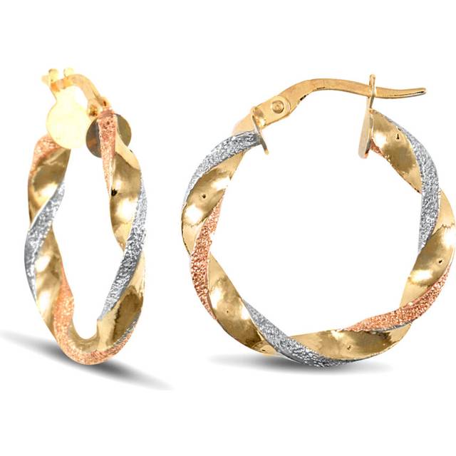 Jewelco London Ladies 9ct Yellow White and Rose Gold Frosted Twisted 3mm Hoop Earrings 22mm - JER662B