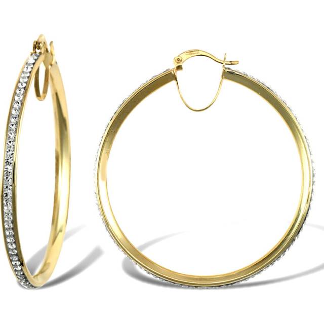 Jewelco London Ladies 9ct Yellow Gold White Round Crystal Eternity 3mm Hoop Earrings 40mm - JER753E