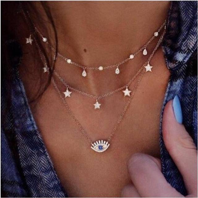Vintage Gold Color Crystal Water Drop Star Eye Pendant Necklace for Women Boho Charm Layered Necklaces Collars - Multicoloured