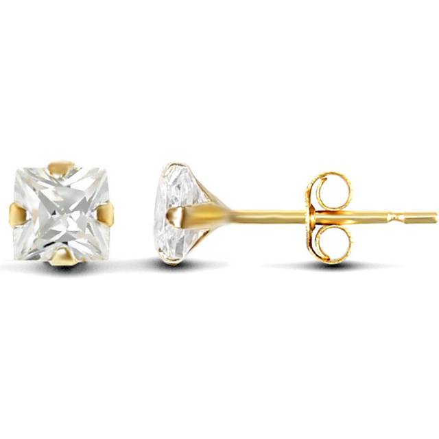 Jewelco London 9ct Yellow Gold White Square Cubic Zirconia Claw Set Solitaire Stud Earrings, 4mm - JES196